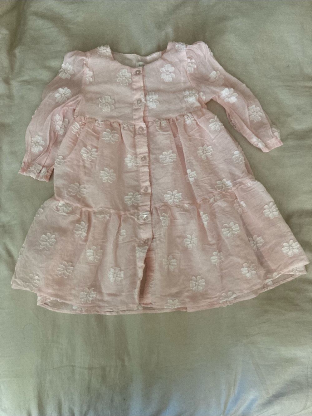 Pink Floral Embroidered Long-Sleeve Kids Dress